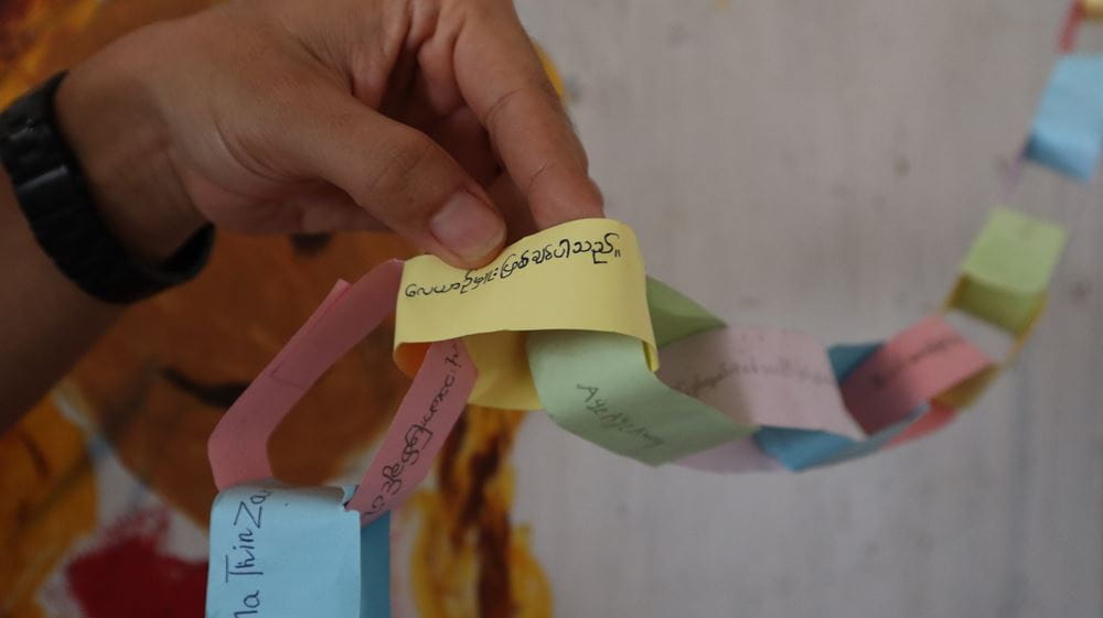 Eine Hand hält eine Kette aus Papiergliedern, auf denen Begrife stehen (Quelle: privat) Eine Hand hält eine Kette aus Papiergliedern, auf denen Begrife stehen (Quelle: privat)